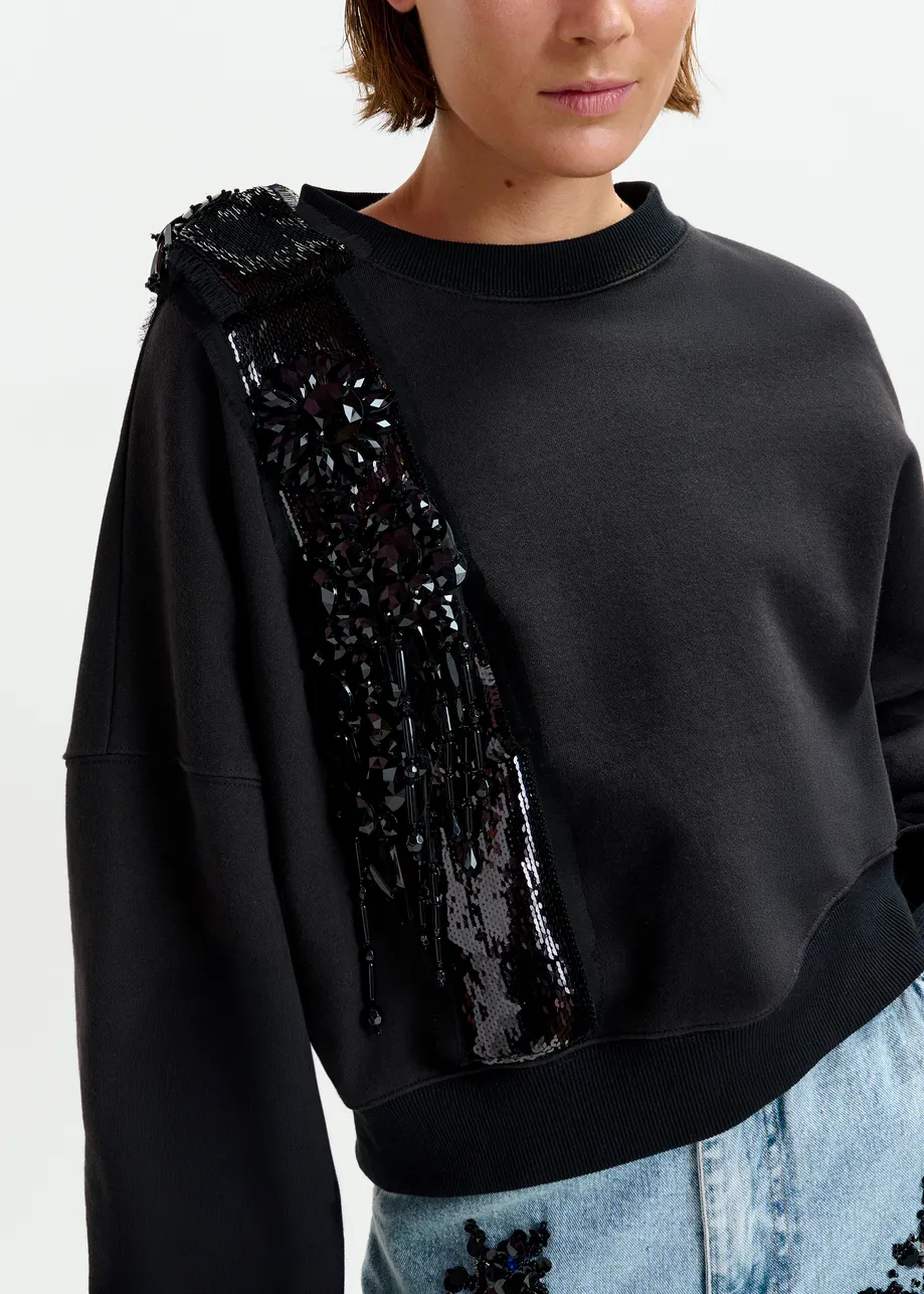 Black cotton sweatshirt with embellished panel
