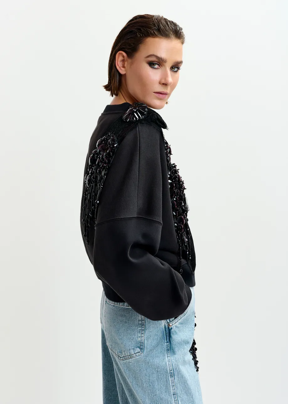 Black cotton sweatshirt with embellished panel