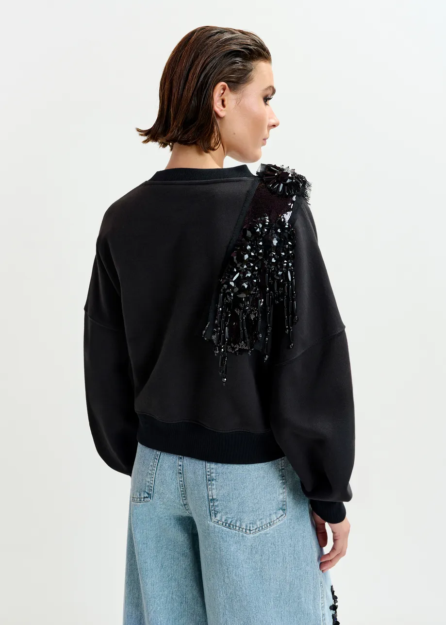 Black cotton sweatshirt with embellished panel