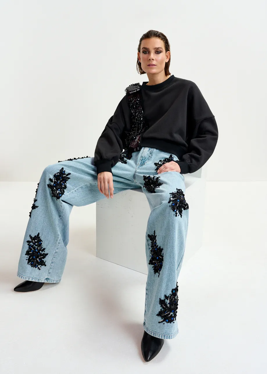 Black cotton sweatshirt with embellished panel