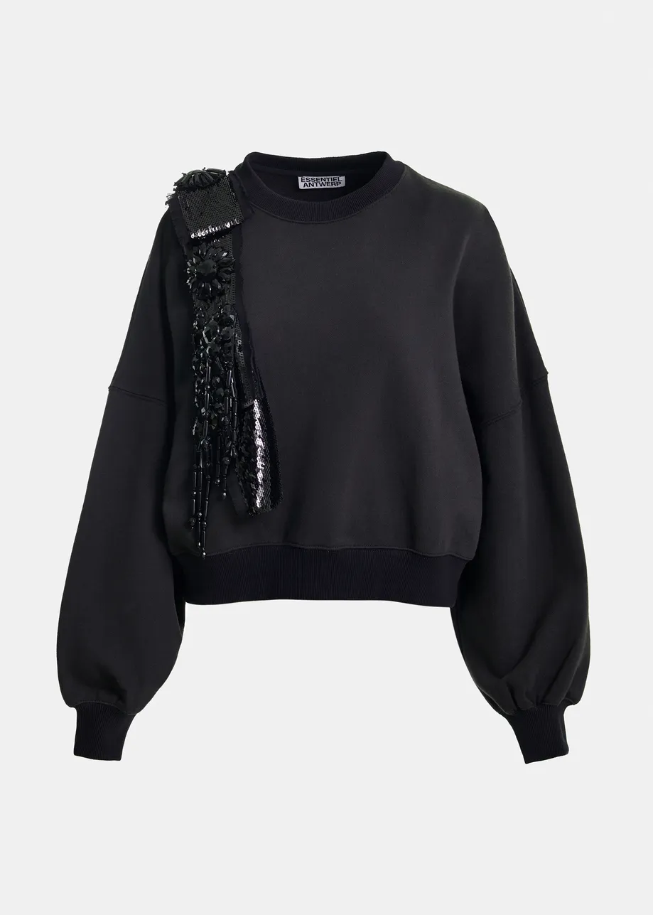 Zwarte katoenen sweater met versierd inzetstuk