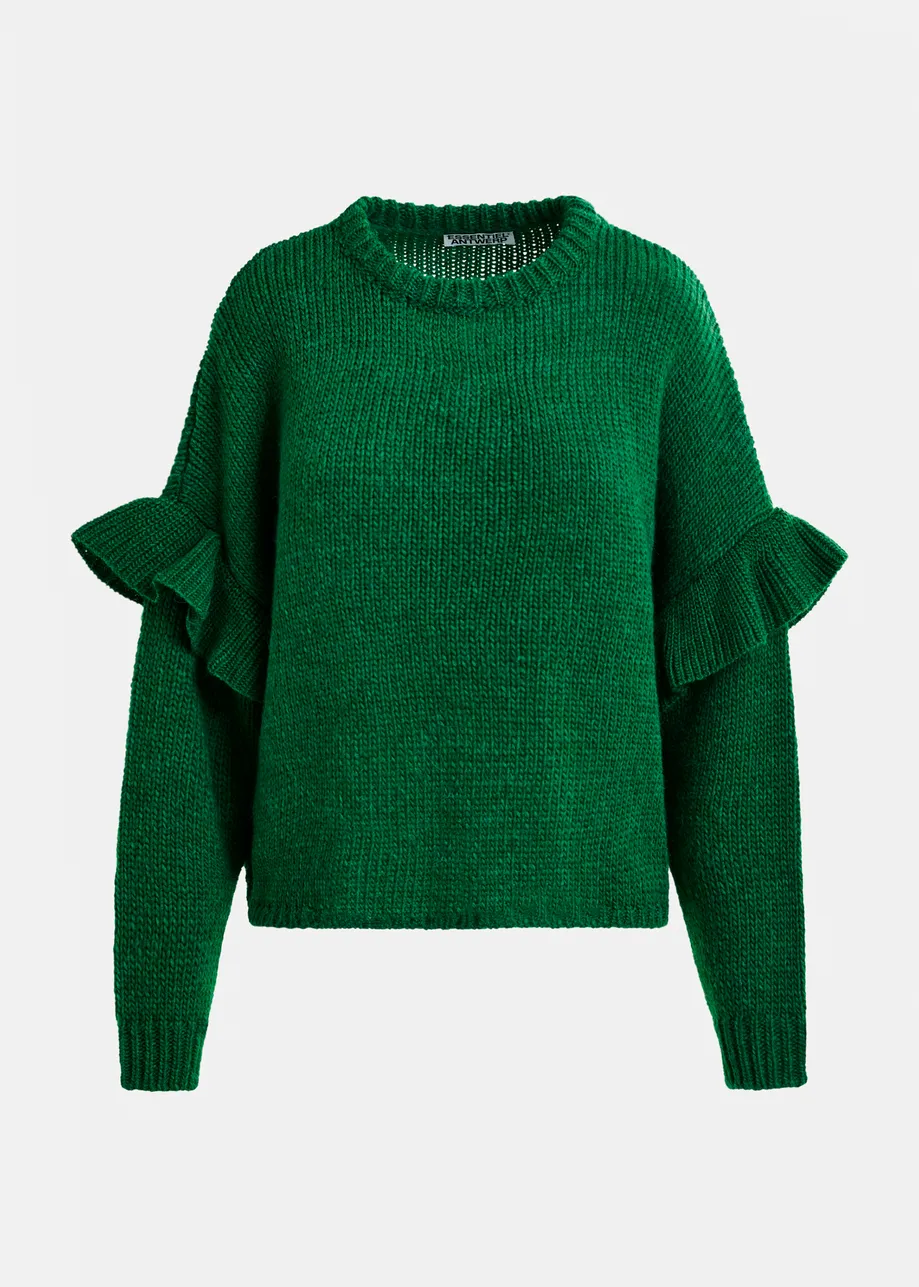 Green ruffled wool-blend knit sweater