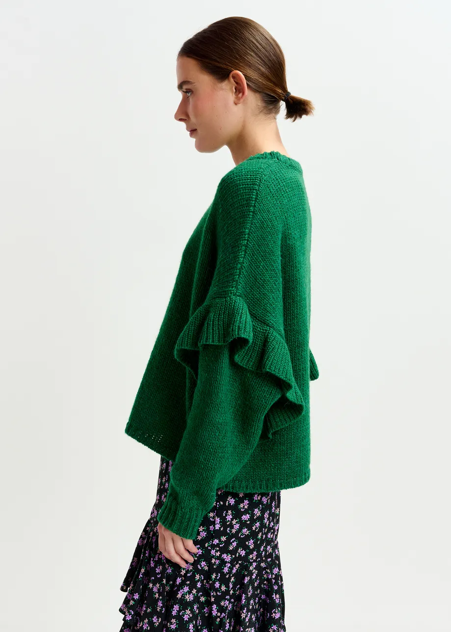 Green ruffled wool-blend knit sweater