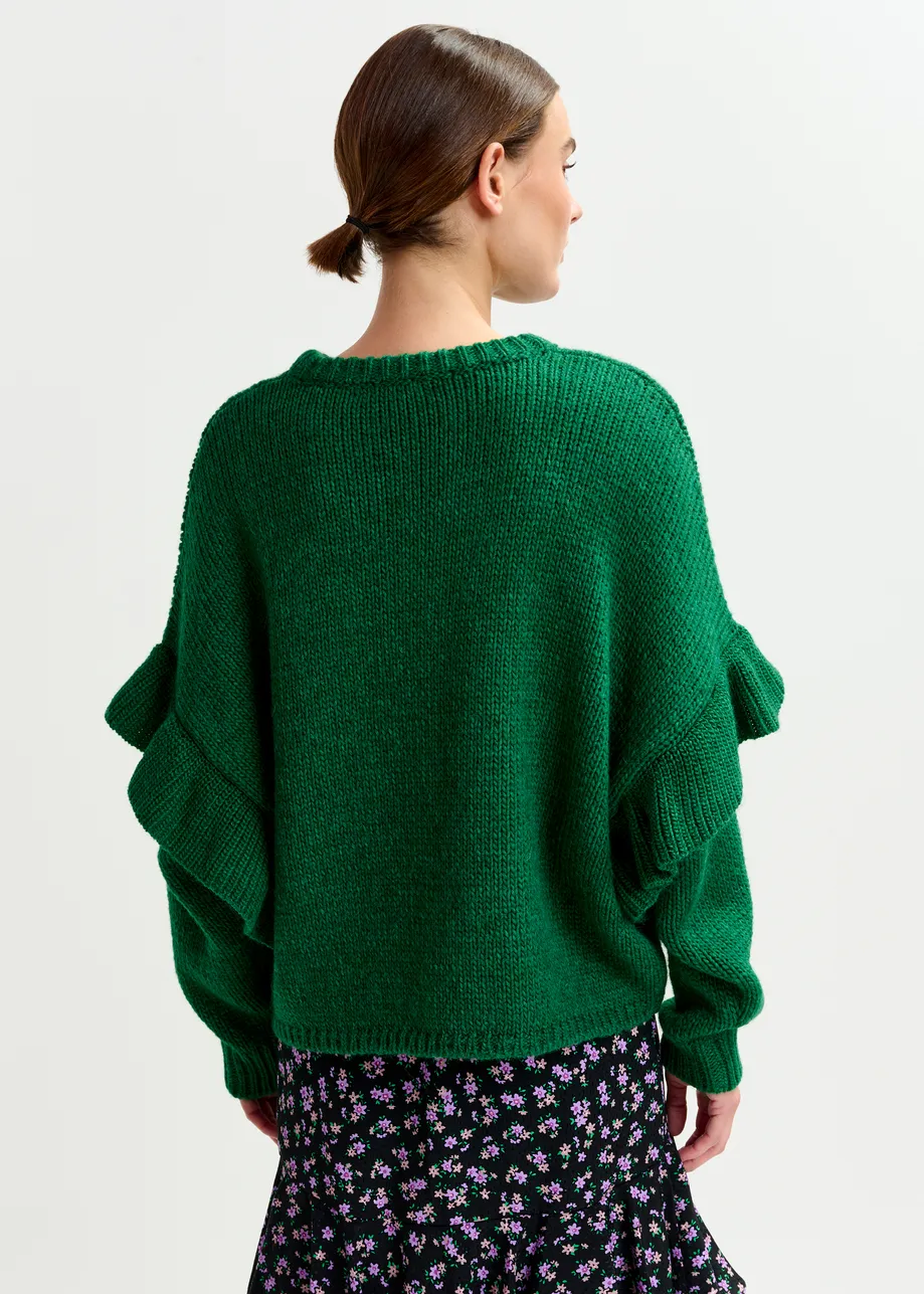 Green ruffled wool-blend knit sweater