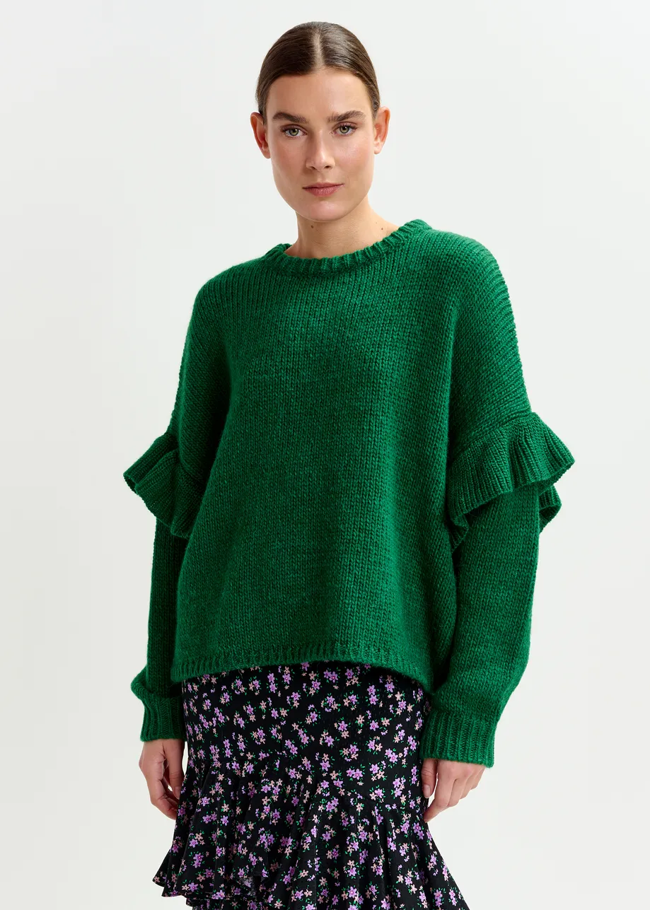 Green ruffled wool-blend knit sweater