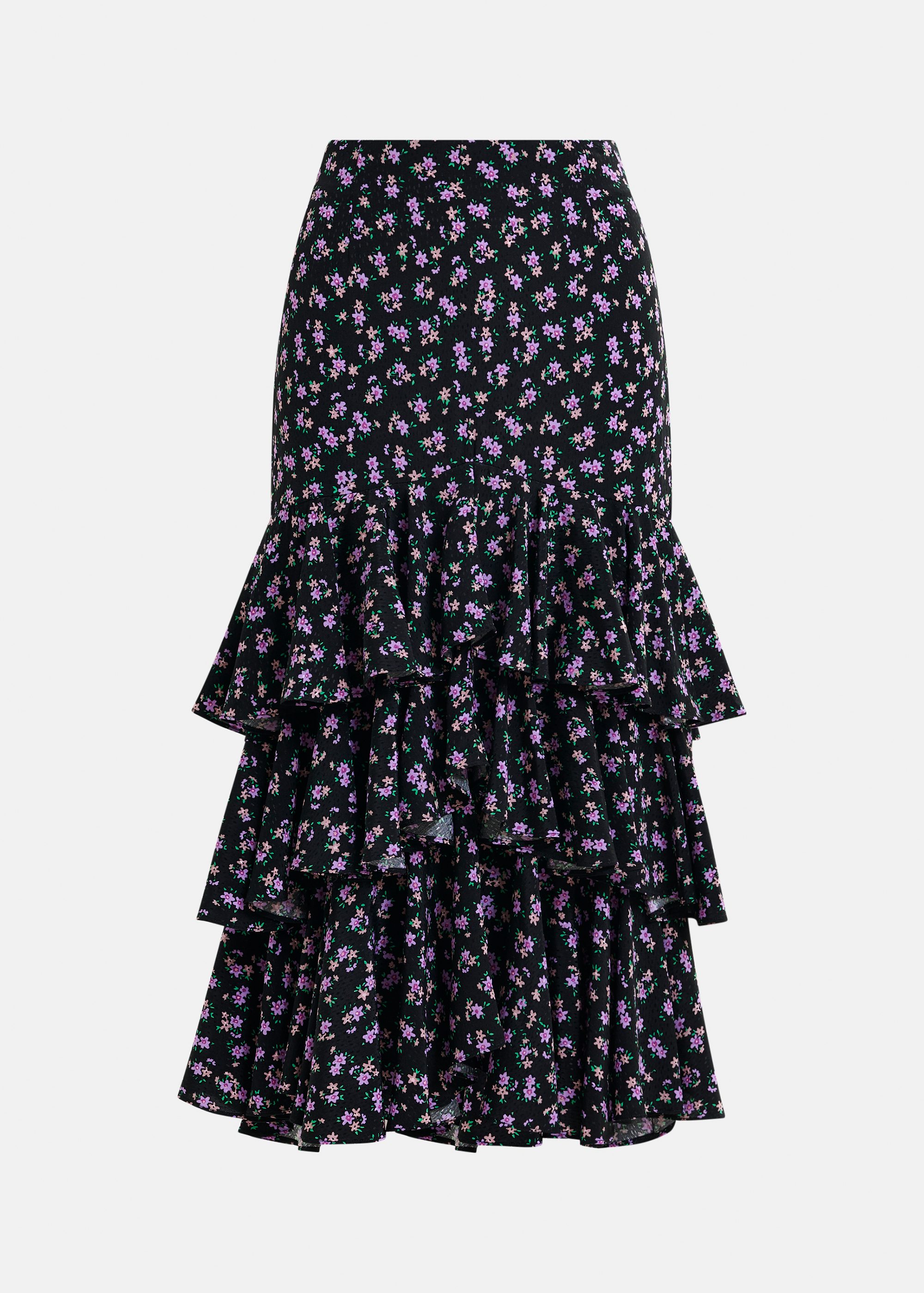 Black, purple and green asymmetrical layered midi skirt
