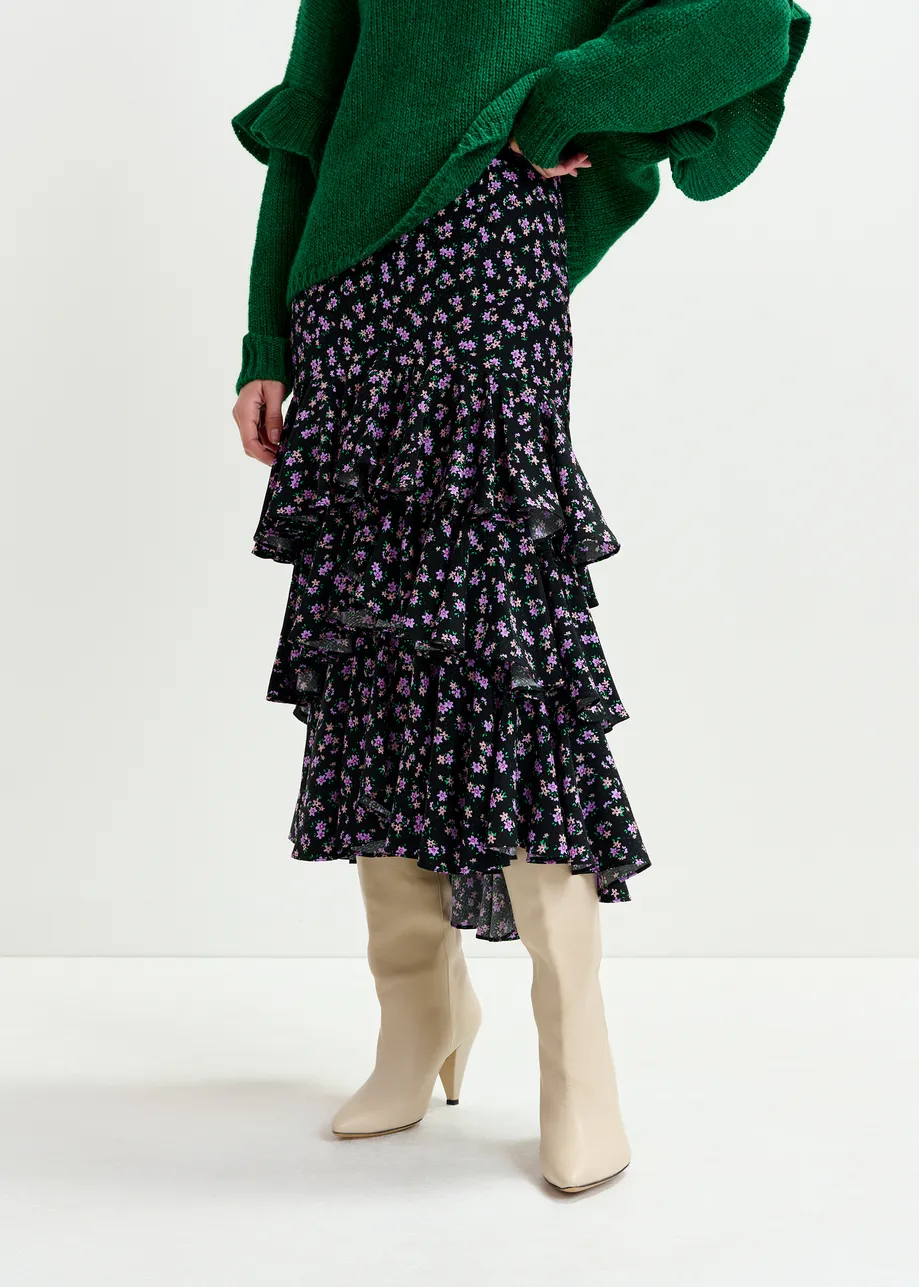 Black, purple and green asymmetrical layered midi skirt