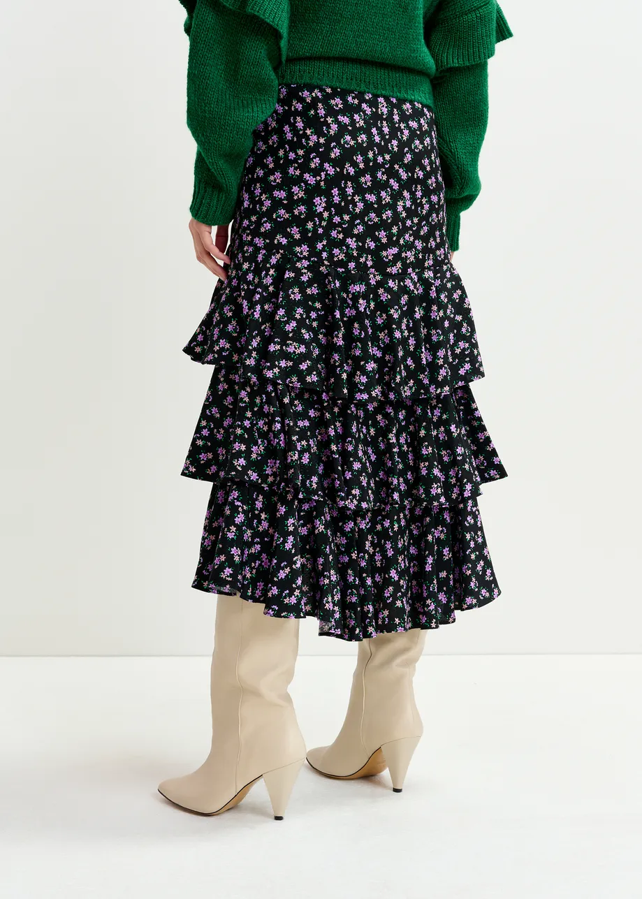 Black, purple and green asymmetrical layered midi skirt