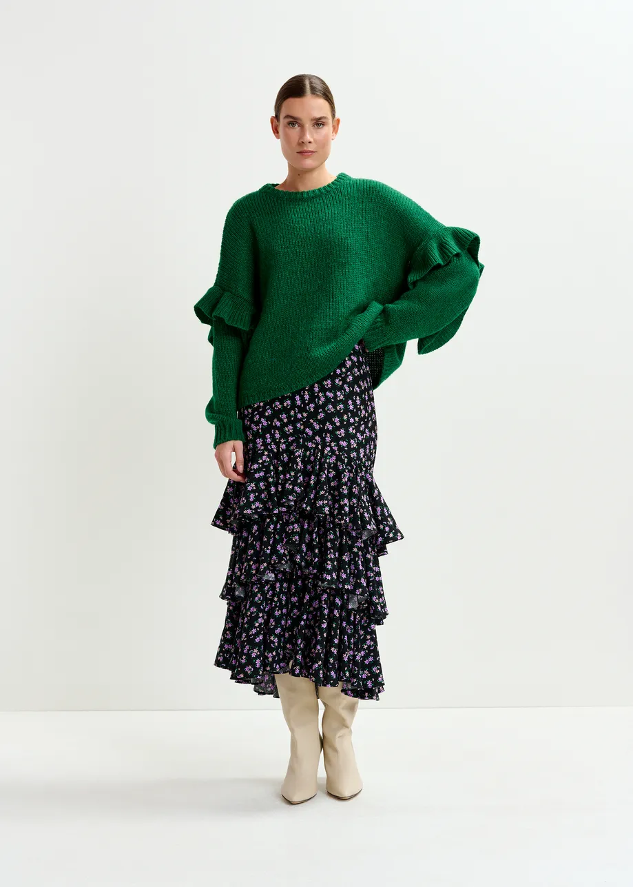 Black, purple and green asymmetrical layered midi skirt