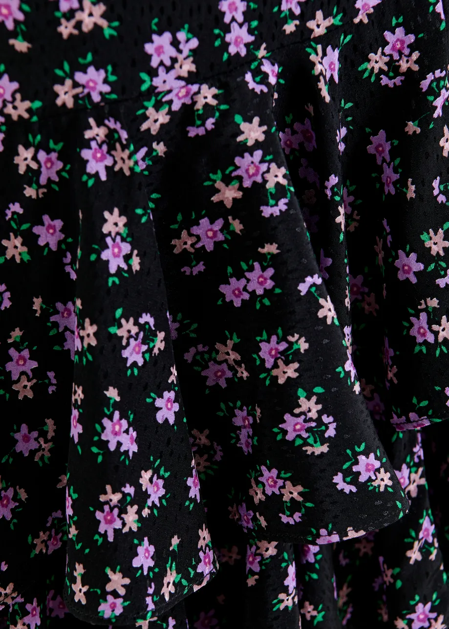 Black, purple and green asymmetrical layered midi skirt