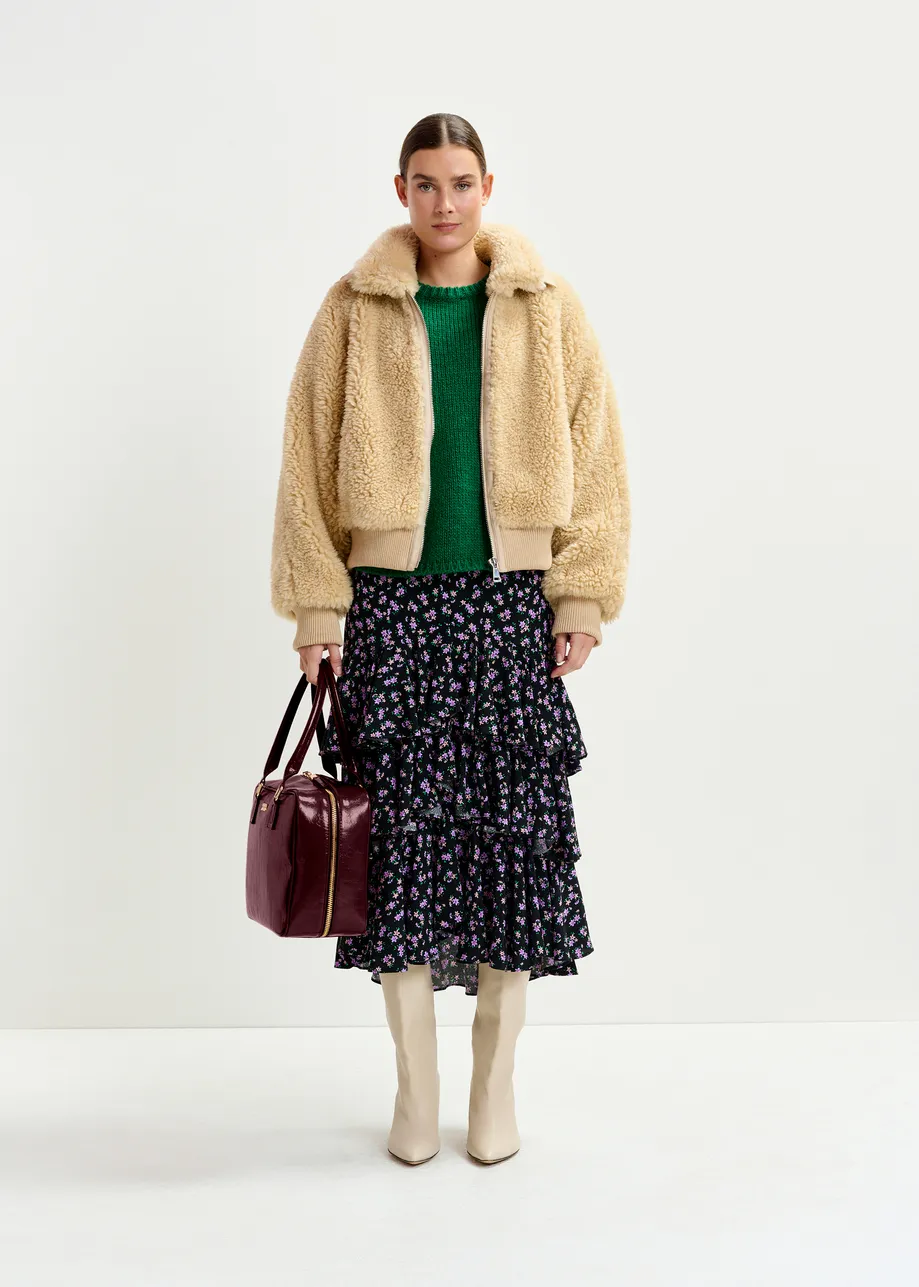 Black, purple and green asymmetrical layered midi skirt