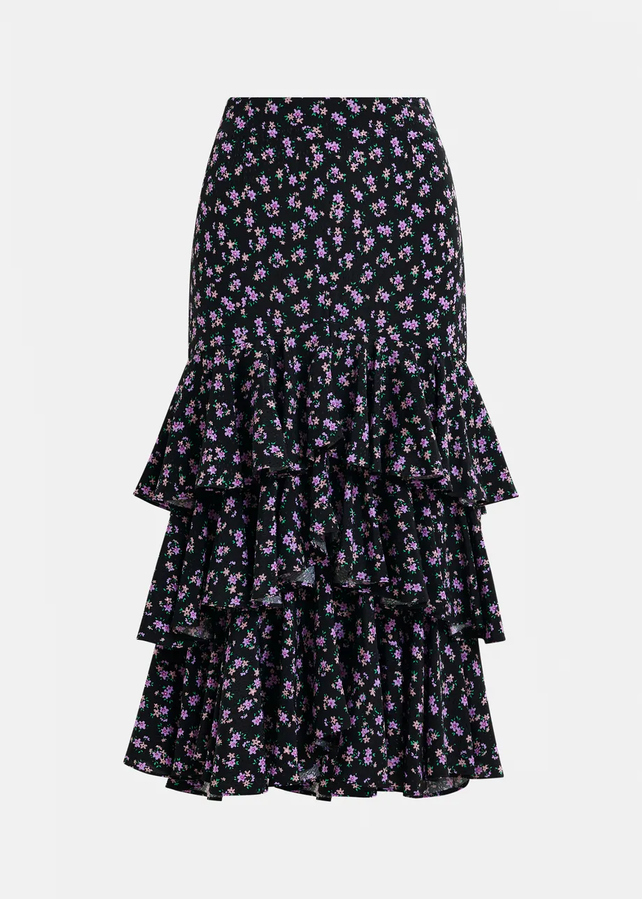 Black, purple and green asymmetrical layered midi skirt