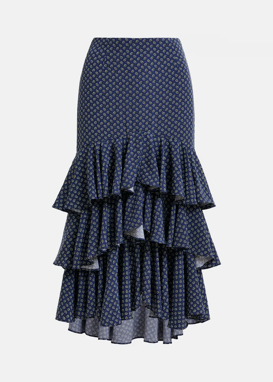 Dark blue, green and white asymmetrical layered midi skirt