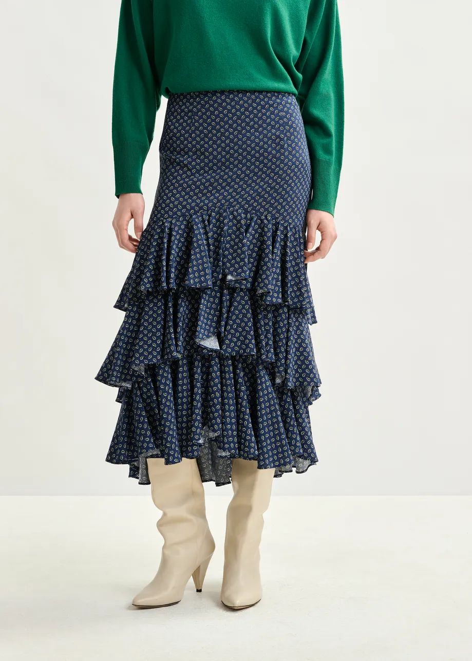Dark blue, green and white asymmetrical layered midi skirt