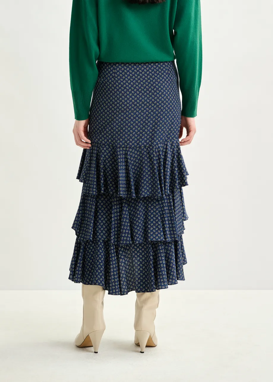 Dark blue, green and white asymmetrical layered midi skirt