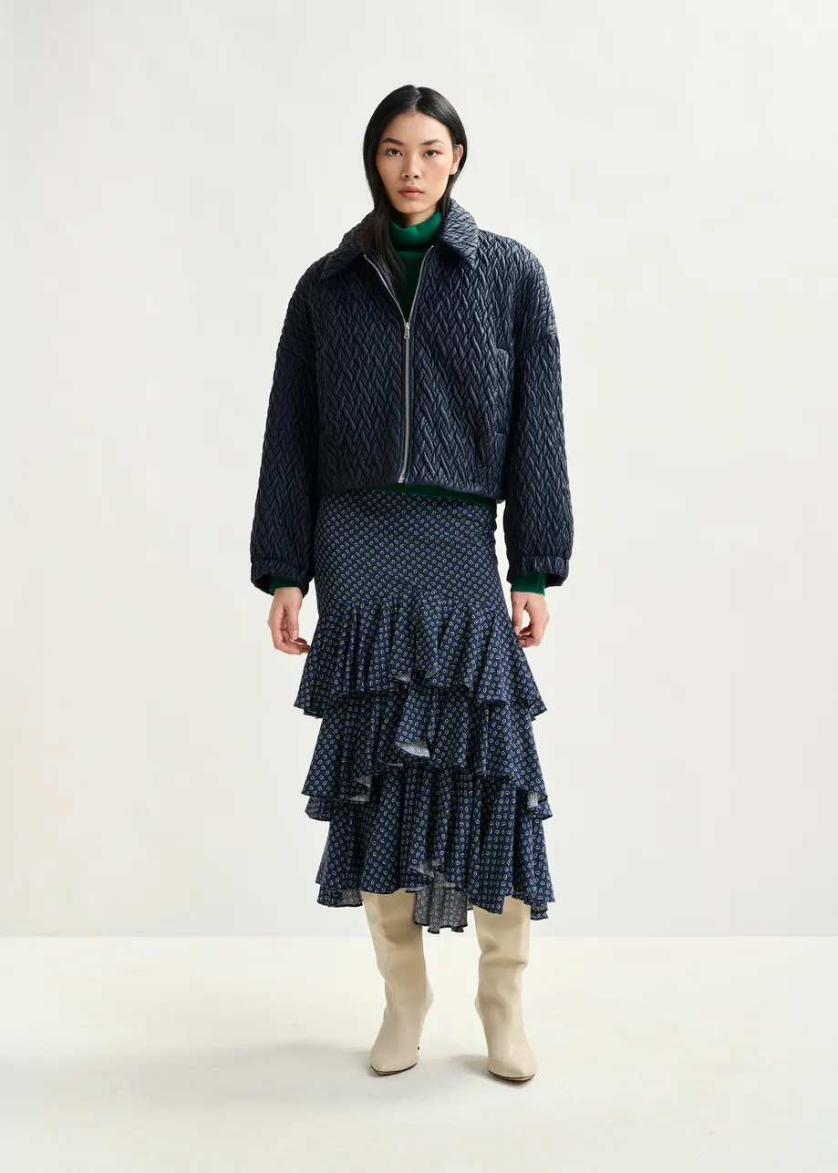Dark blue, green and white asymmetrical layered midi skirt