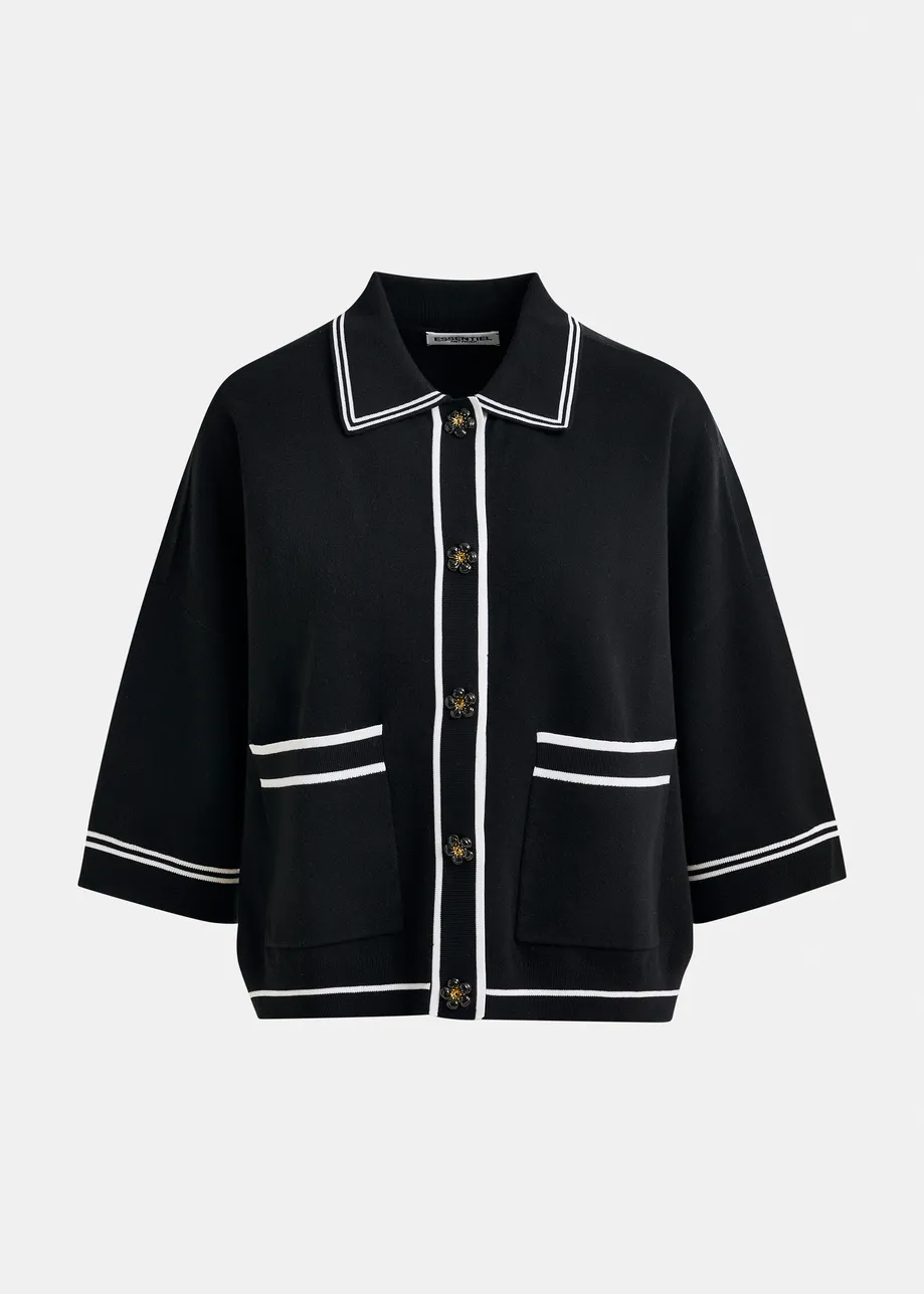 Black and white knit cardigan with flower buttons and contrasting trims