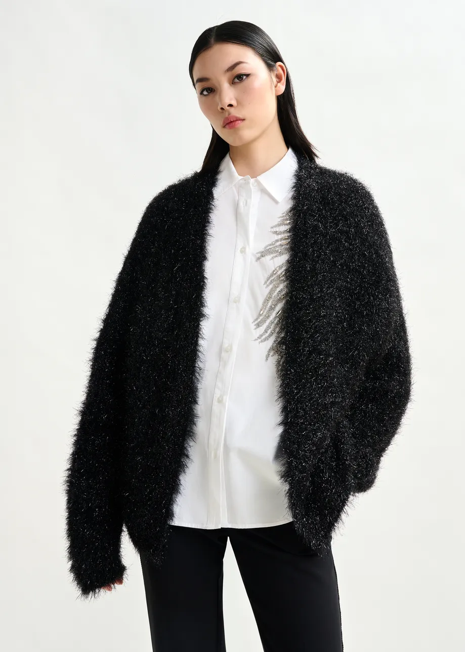 Cardigan nero testurizzato con finitura metallizzata