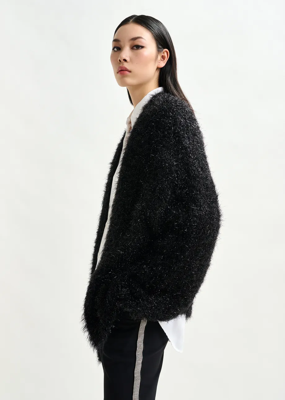 Cardigan nero testurizzato con finitura metallizzata