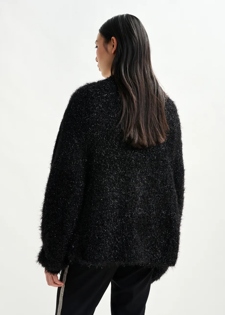 Cardigan nero testurizzato con finitura metallizzata