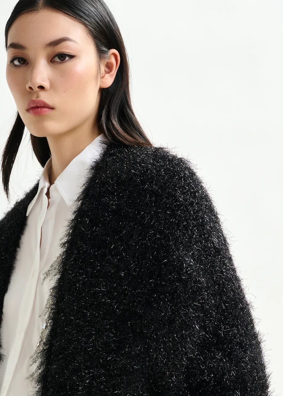 Cardigan nero testurizzato con finitura metallizzata