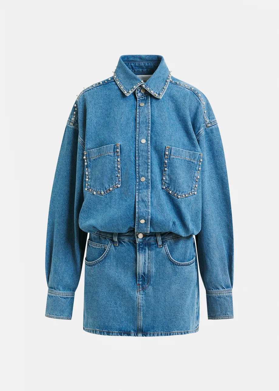 Blue two-piece denim set with pearl and stud embellishments