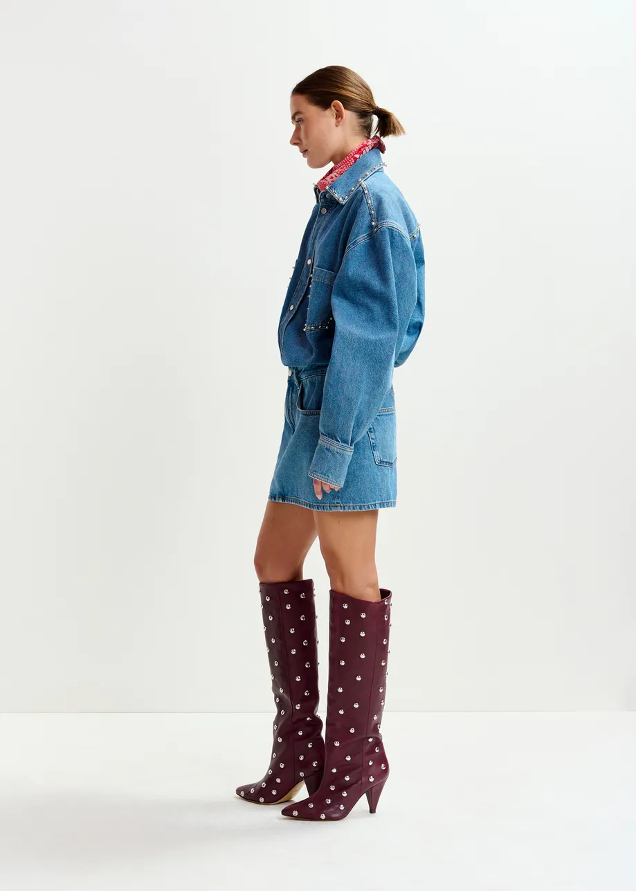 Blue two-piece denim set with pearl and stud embellishments