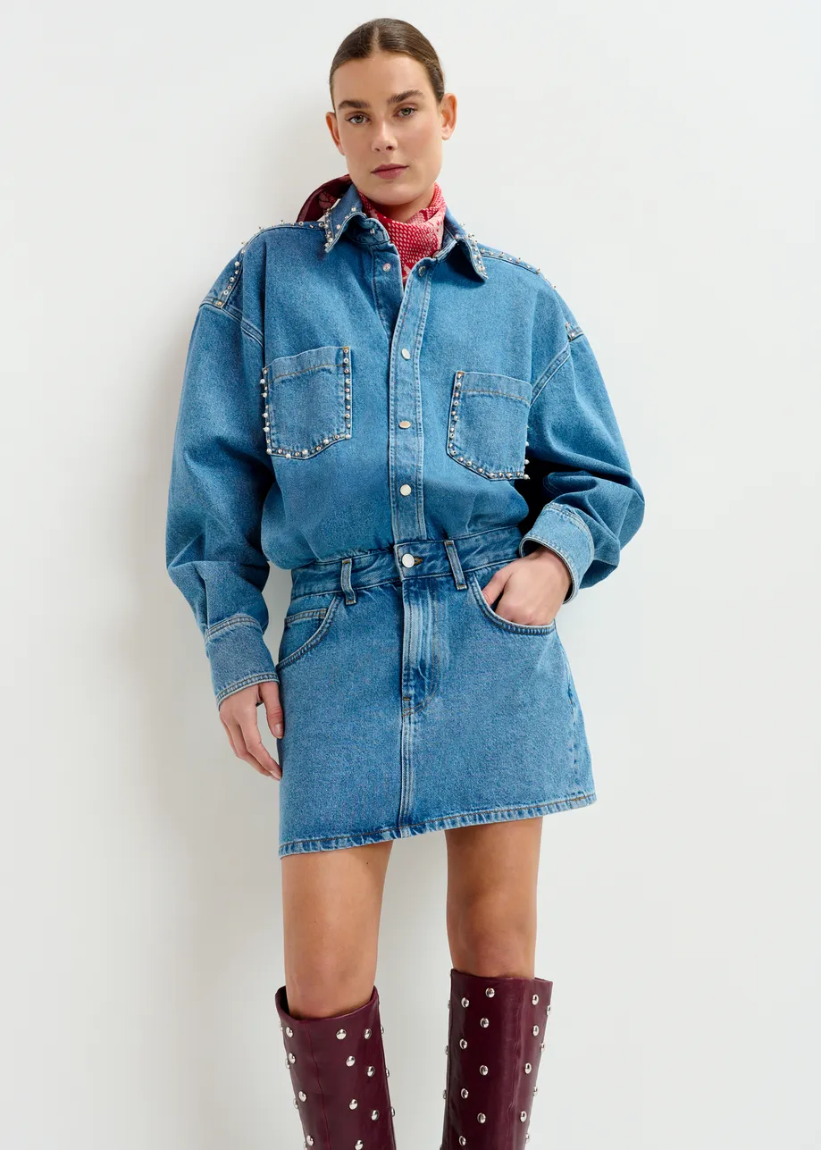 Blue two-piece denim set with pearl and stud embellishments