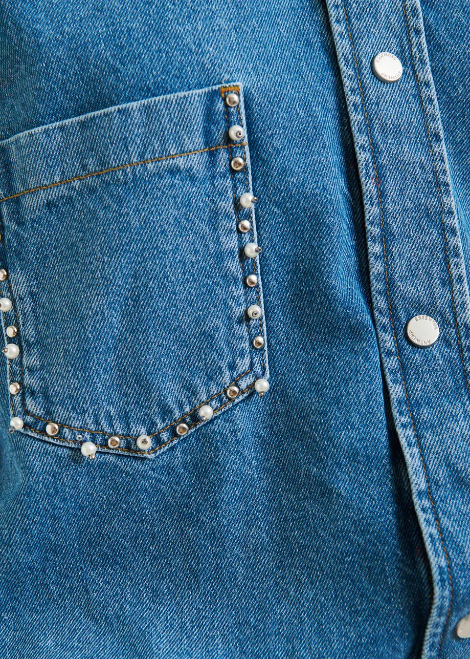 Blue two-piece denim set with pearl and stud embellishments
