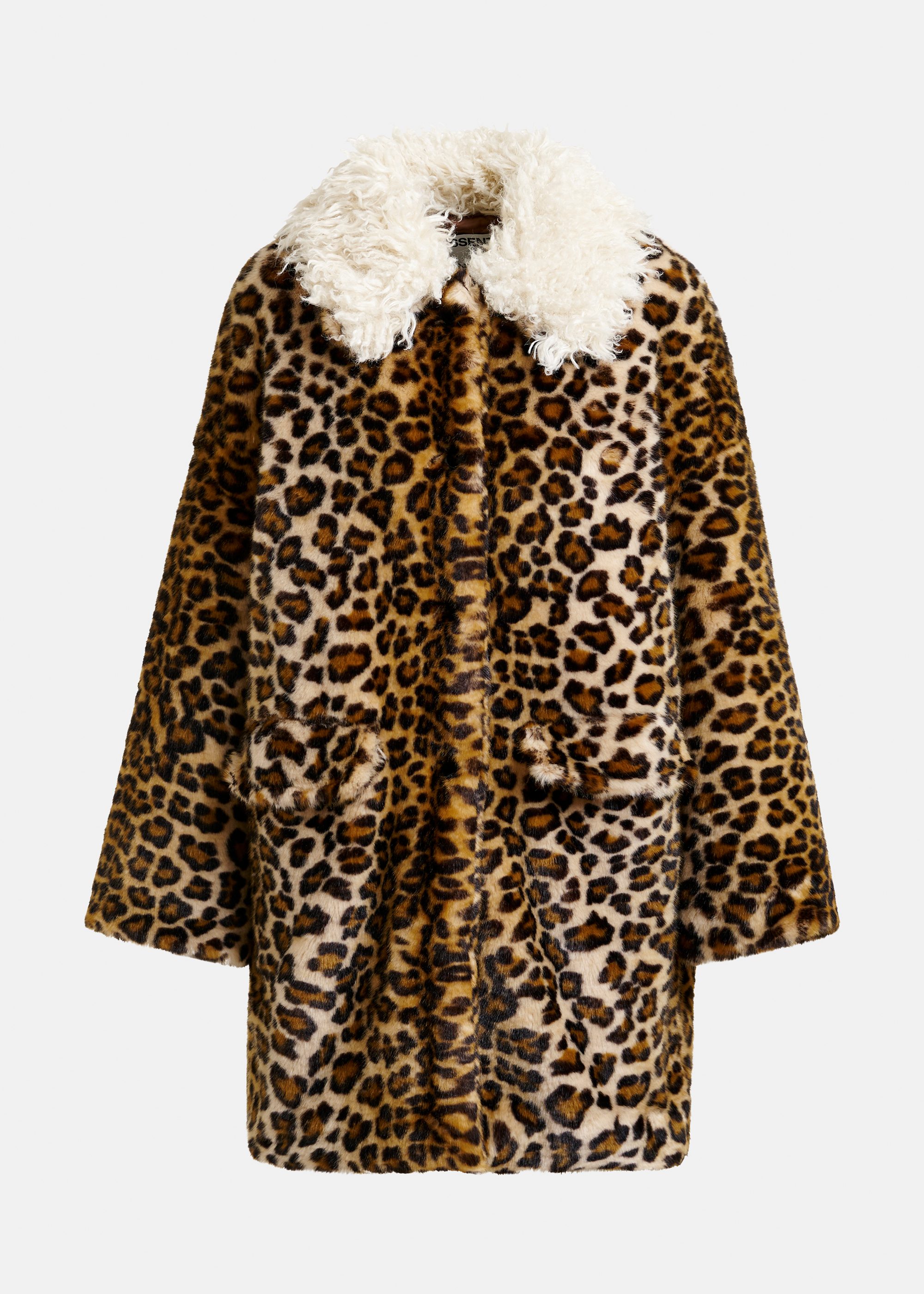 Brown, black and off-white leopard print faux fur coat with