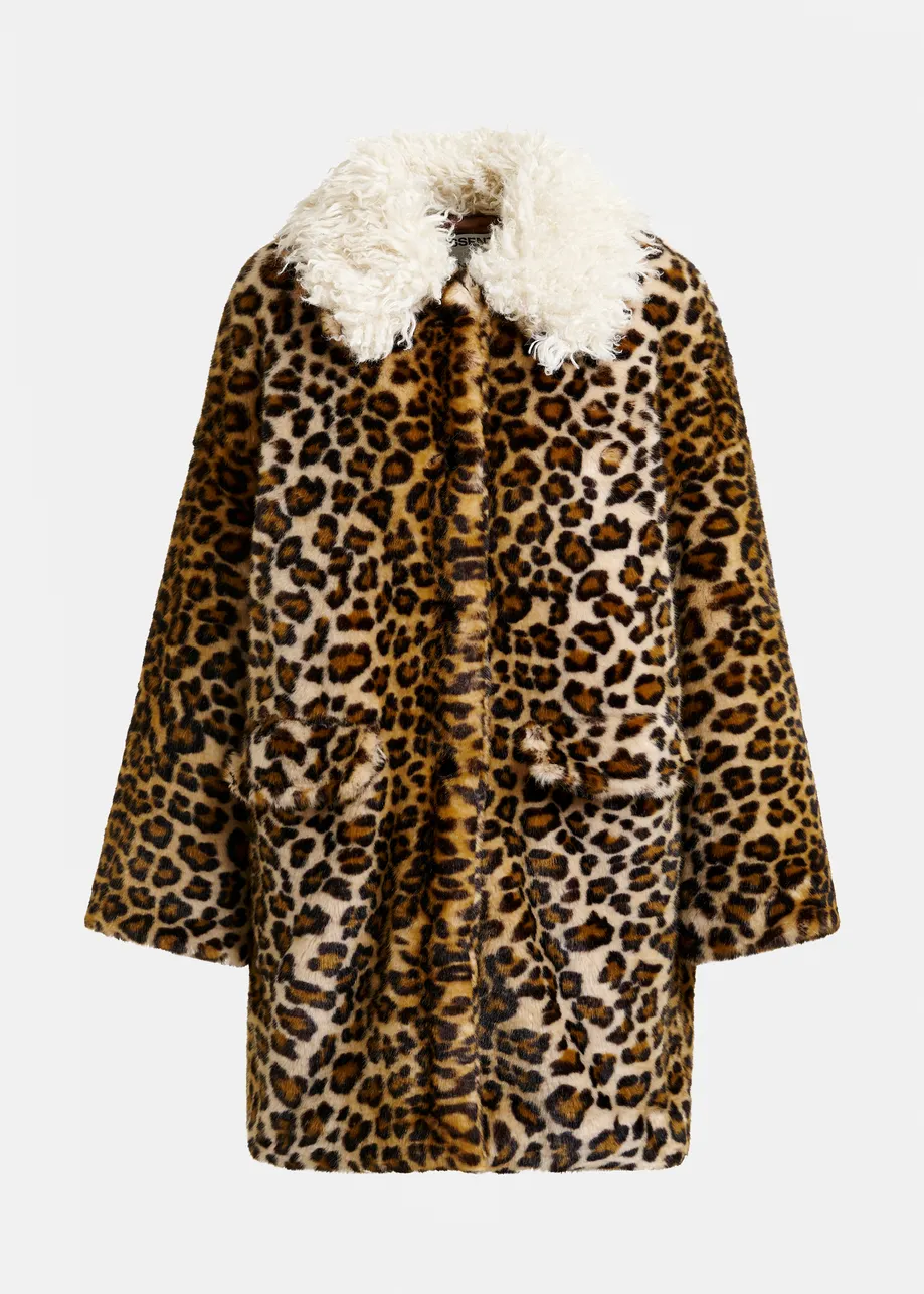 Brown, black and off-white leopard print faux fur coat with contrast collar