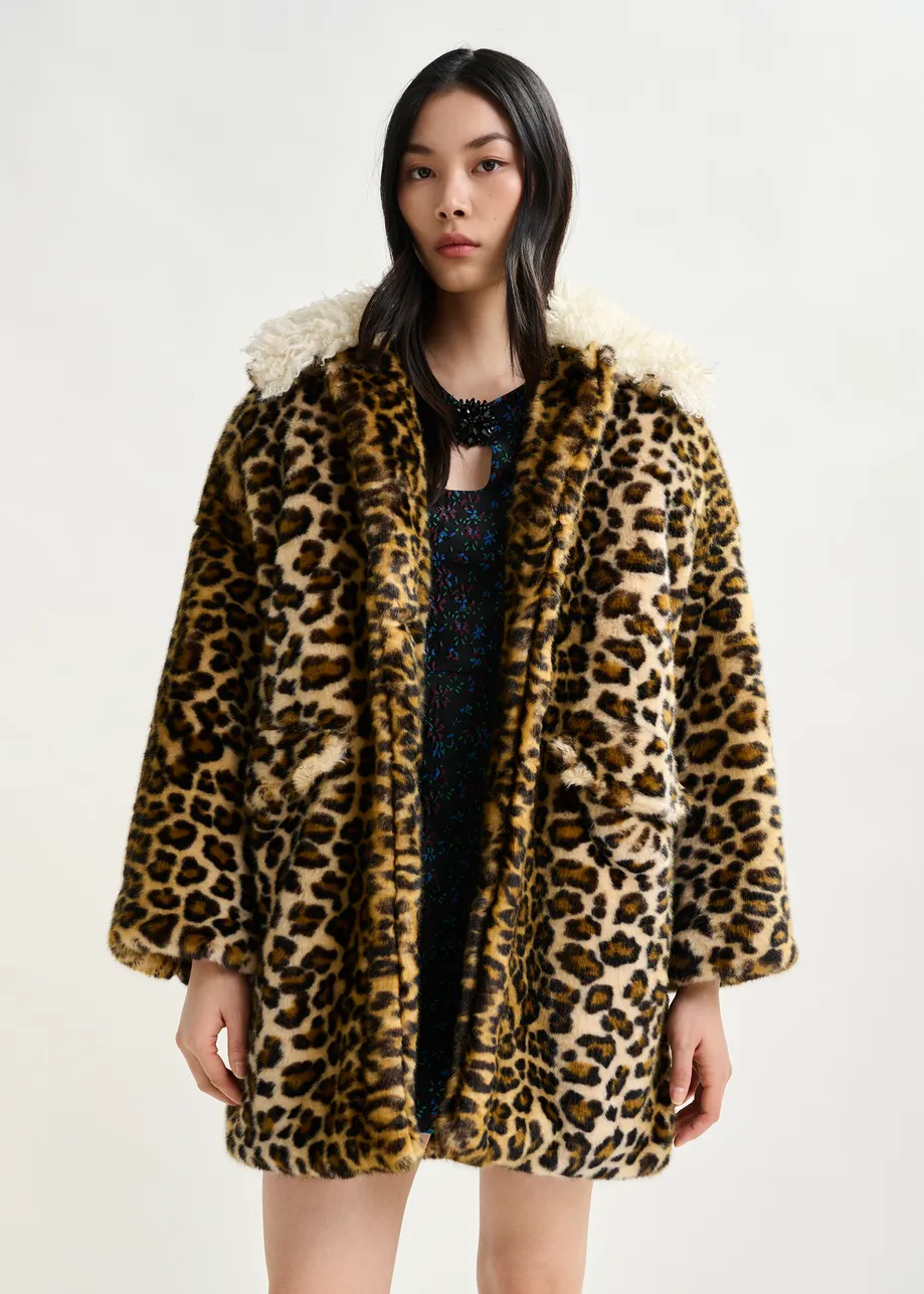 Brown, black and off-white leopard print faux fur coat with contrast collar
