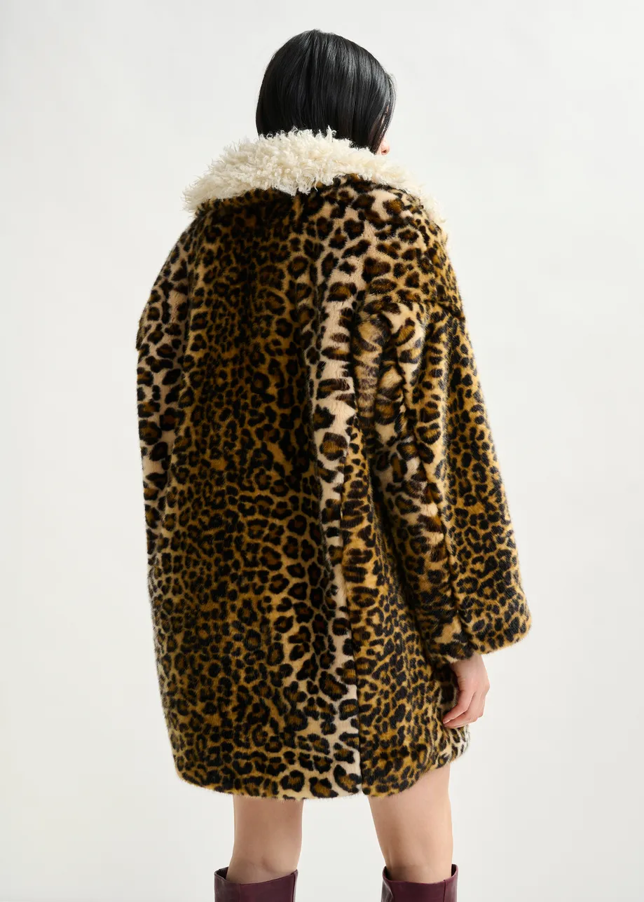Brown, black and off-white leopard print faux fur coat with contrast collar