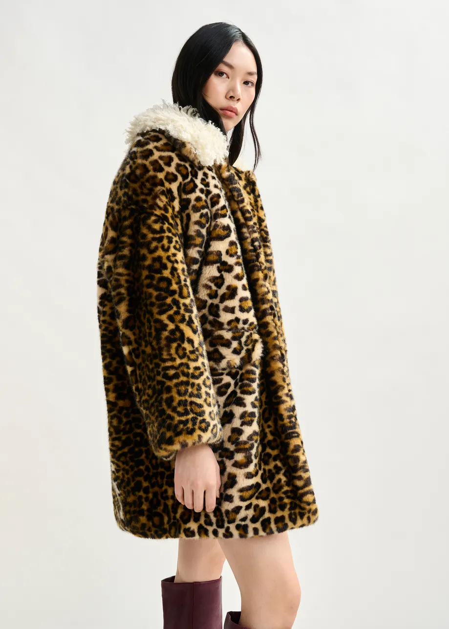 Brown, black and off-white leopard print faux fur coat with contrast collar