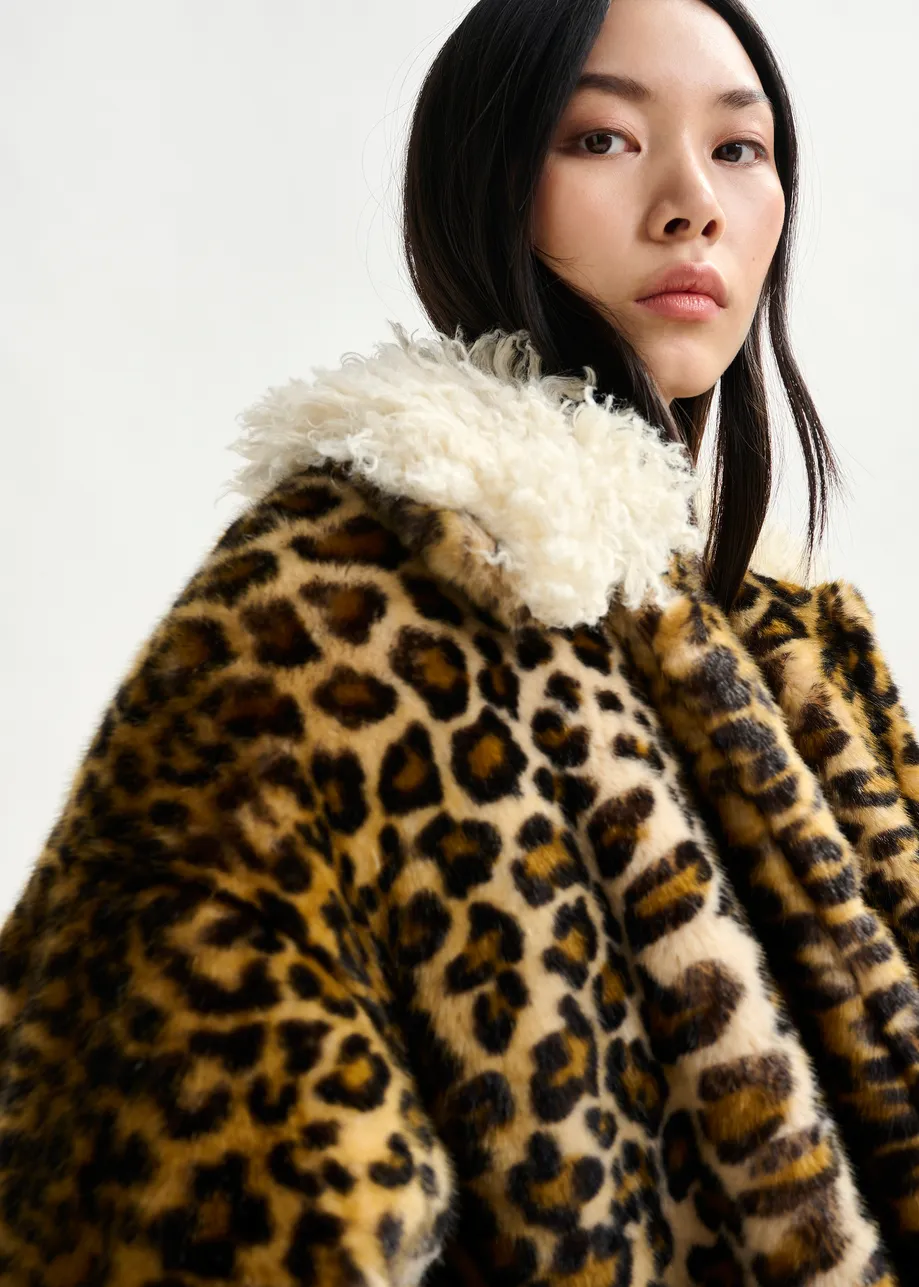 Brown, black and off-white leopard print faux fur coat with contrast collar