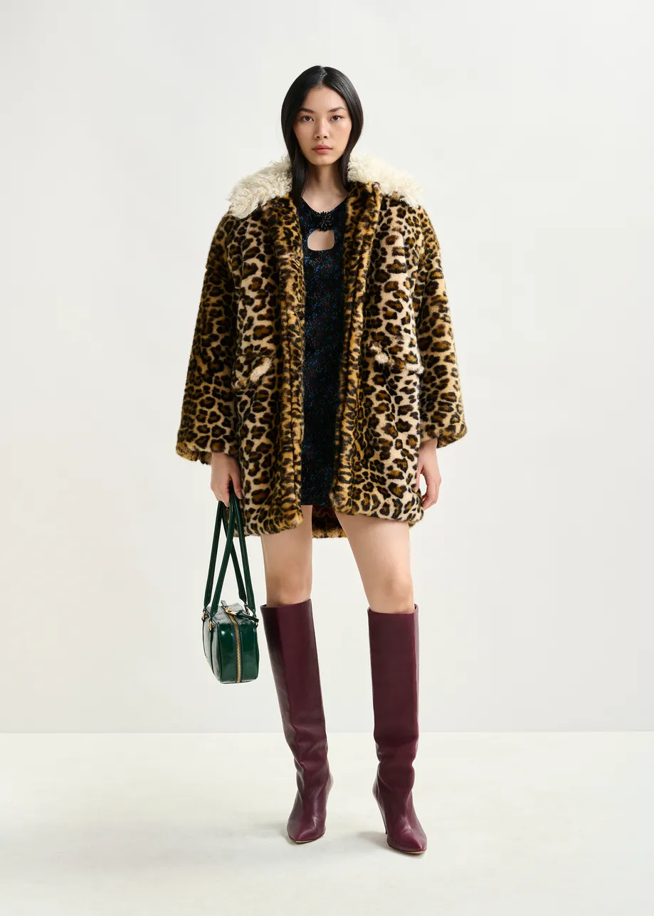 Brown, black and off-white leopard print faux fur coat with contrast collar