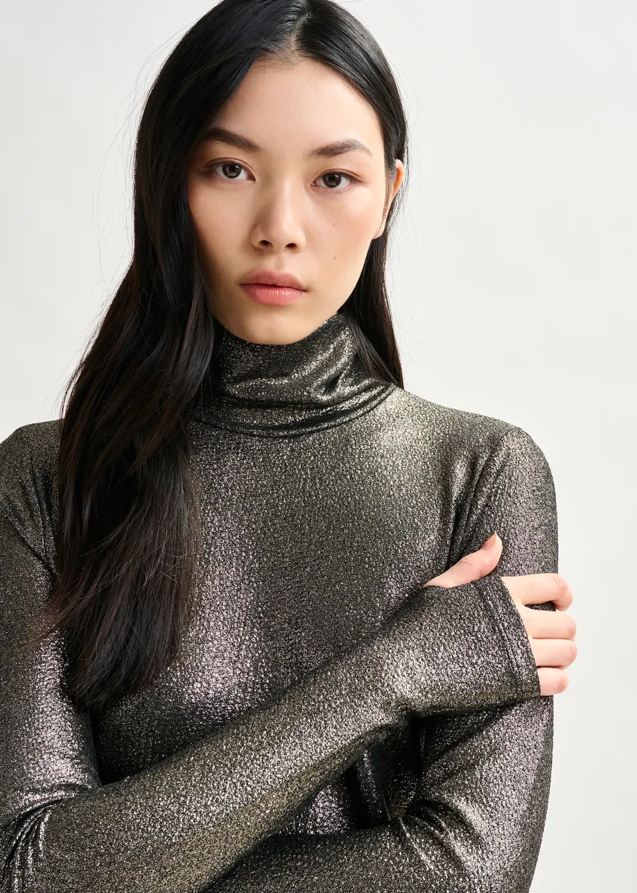 Silver stretch-jersey turtleneck top