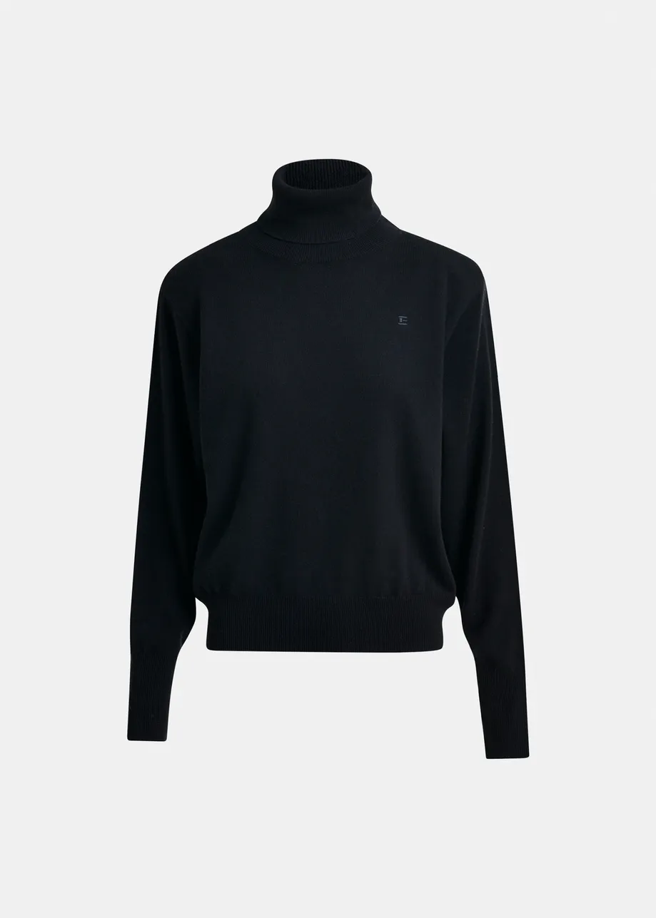 Black wool-blend turtleneck sweater with removable shoulder pads