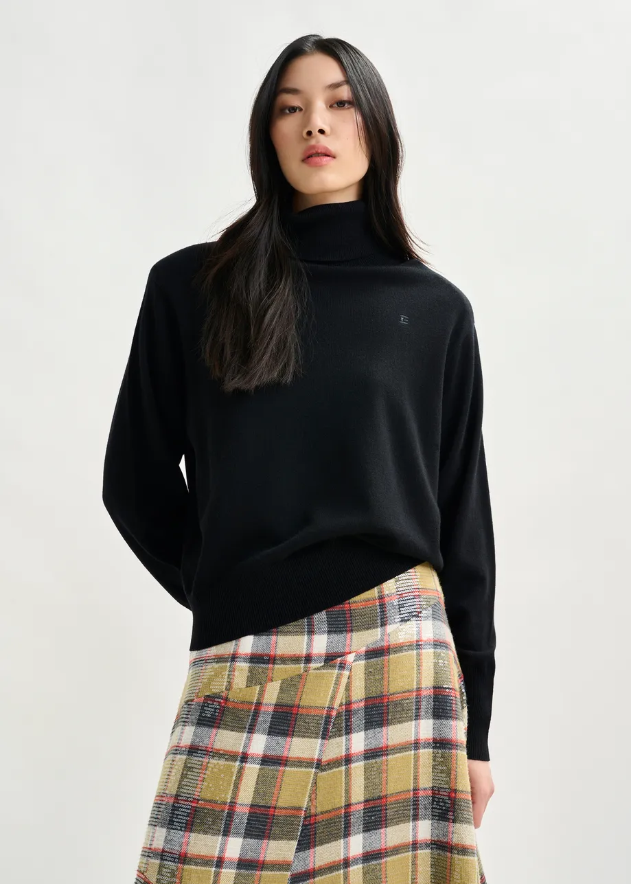 Black wool-blend turtleneck sweater with removable shoulder pads