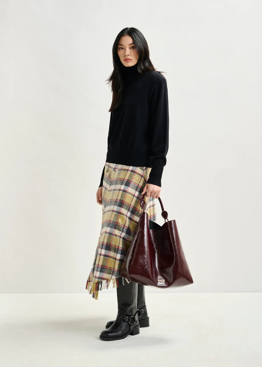 Black wool-blend turtleneck sweater with removable shoulder pads