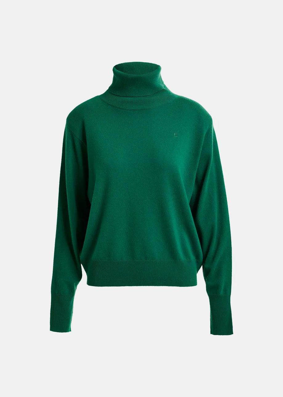 Green wool-blend turtleneck sweater with removable shoulder pads