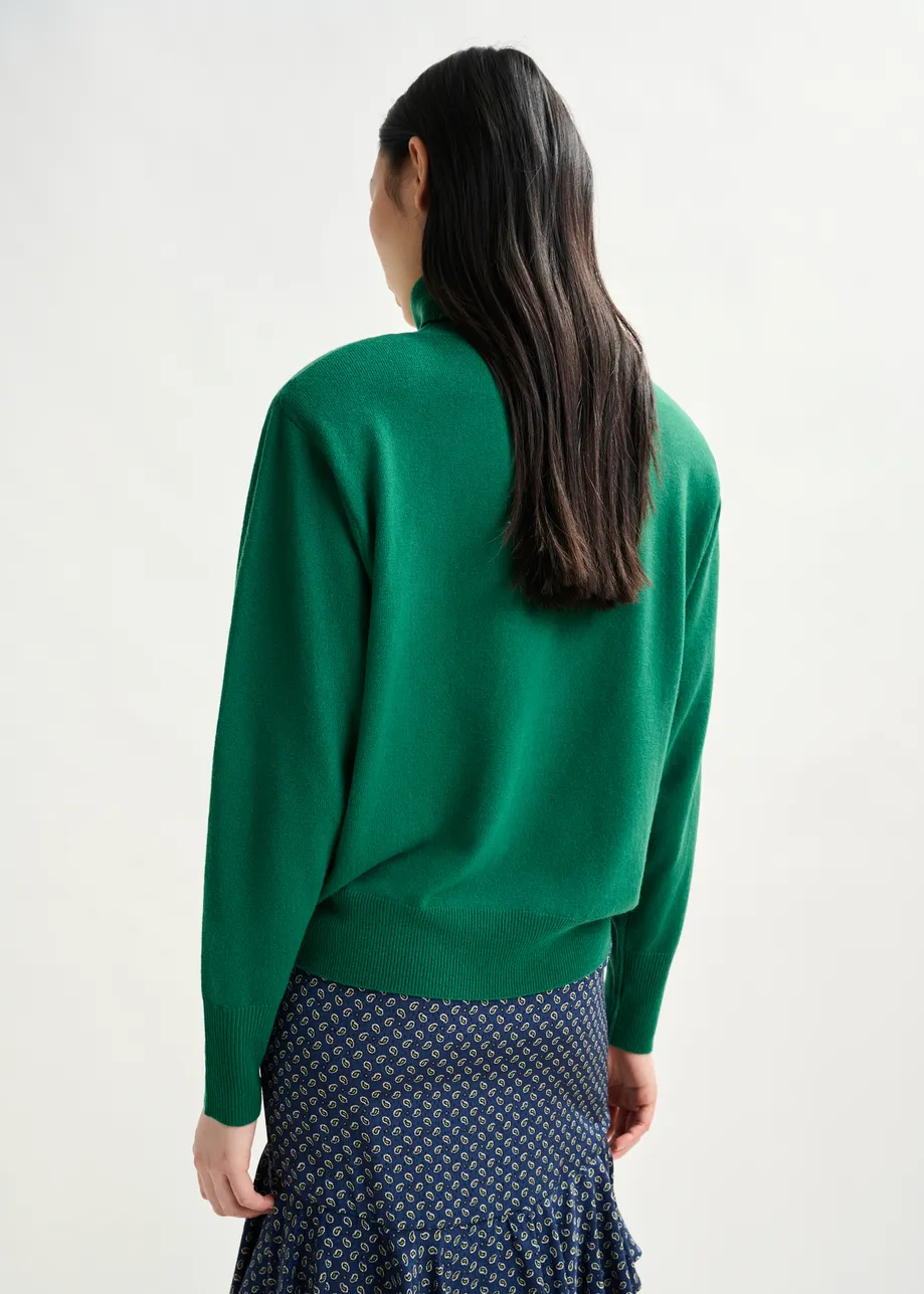 Green wool-blend turtleneck sweater with removable shoulder pads