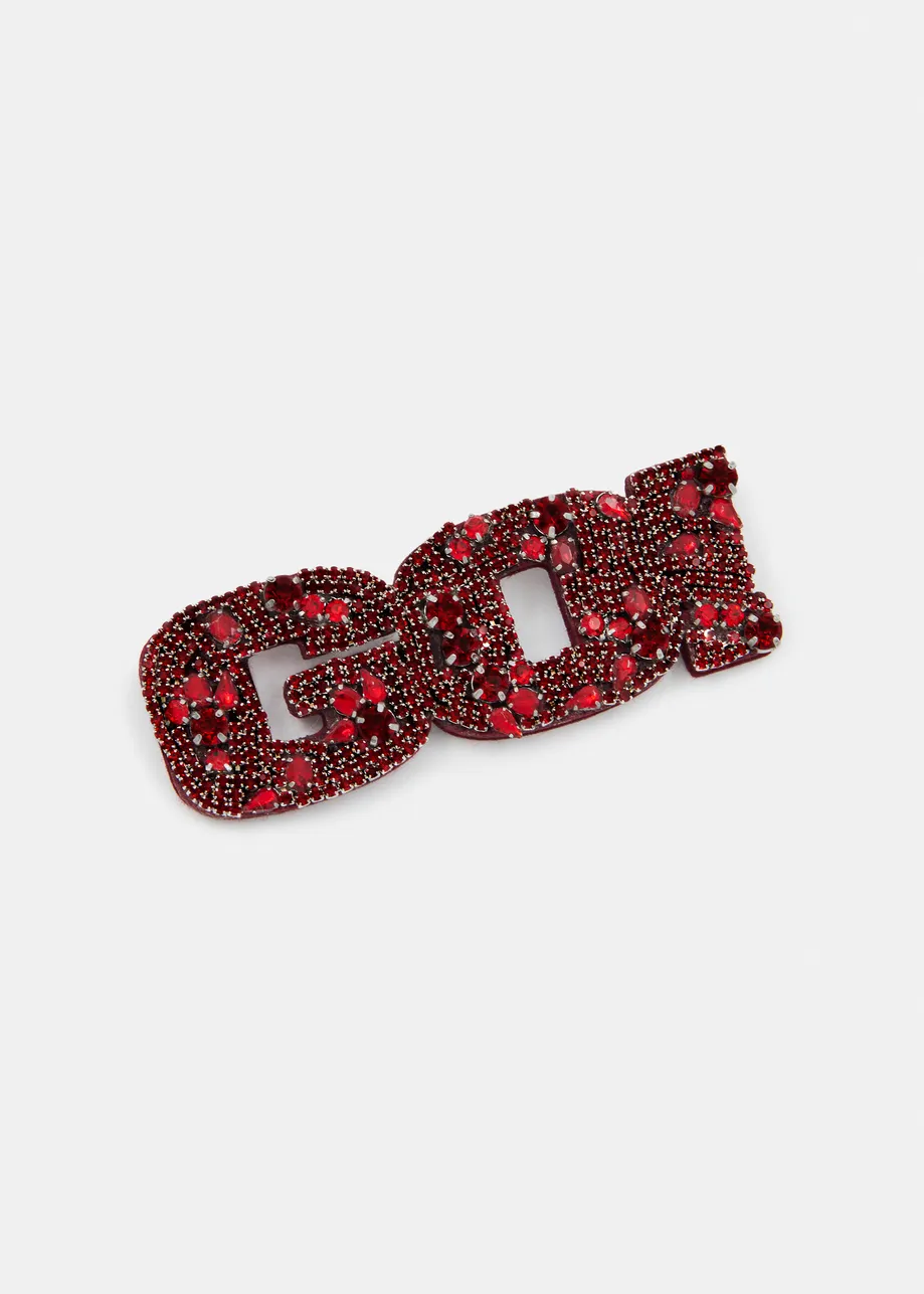Red "GO!" rhinestone brooch