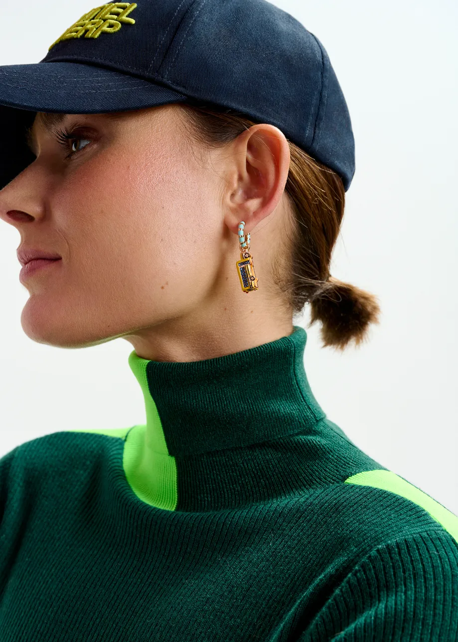 Gold and light blue hoop earrings with bug and robot head pendants