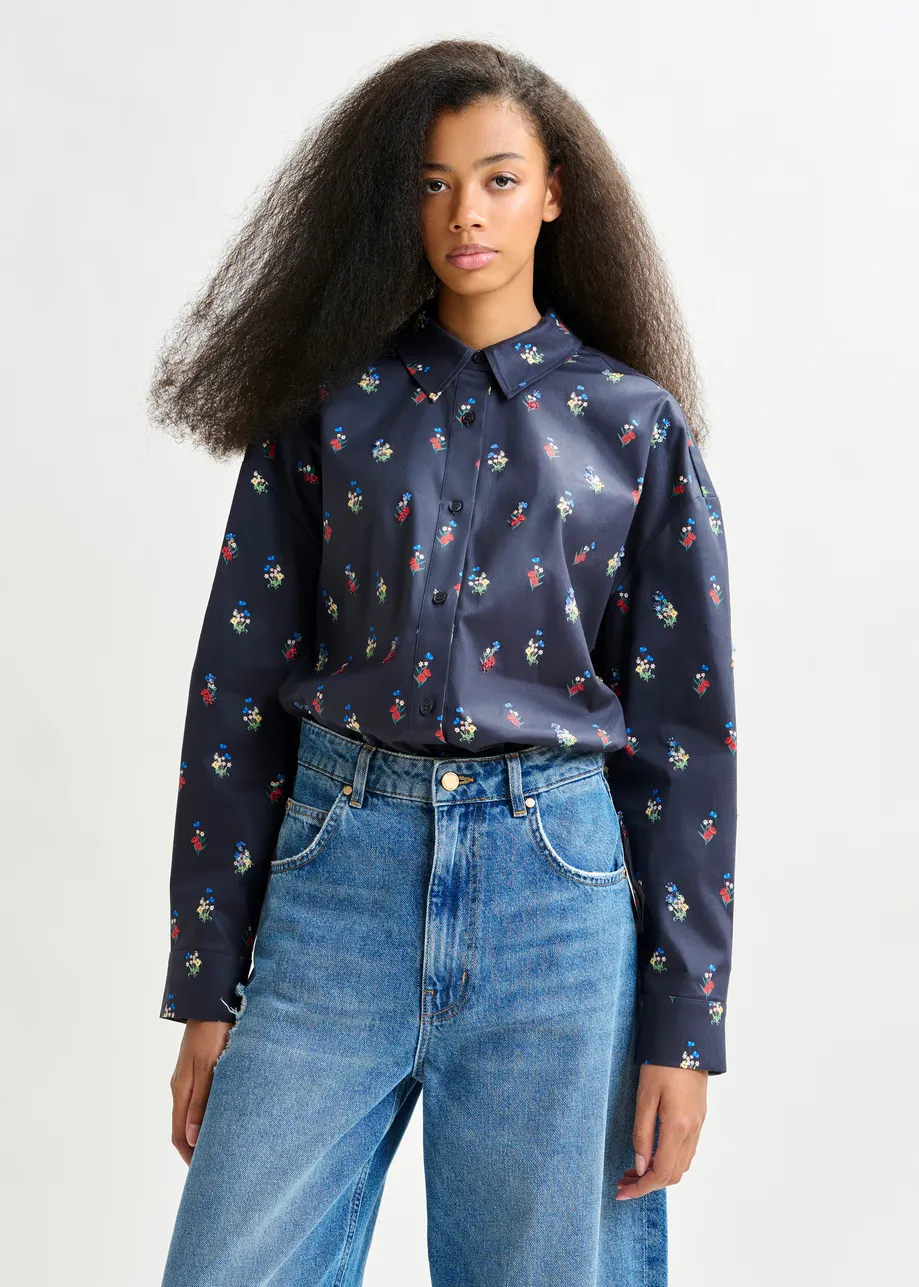 Dark blue, red and light blue floral-print cotton-blend Shirt