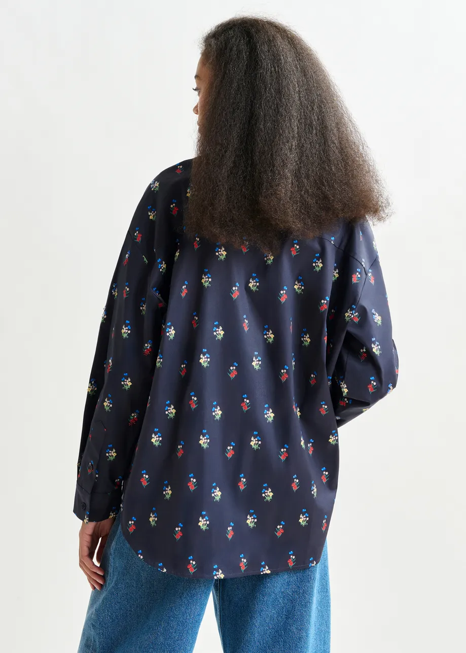 Dark blue, red and light blue floral-print cotton-blend Shirt