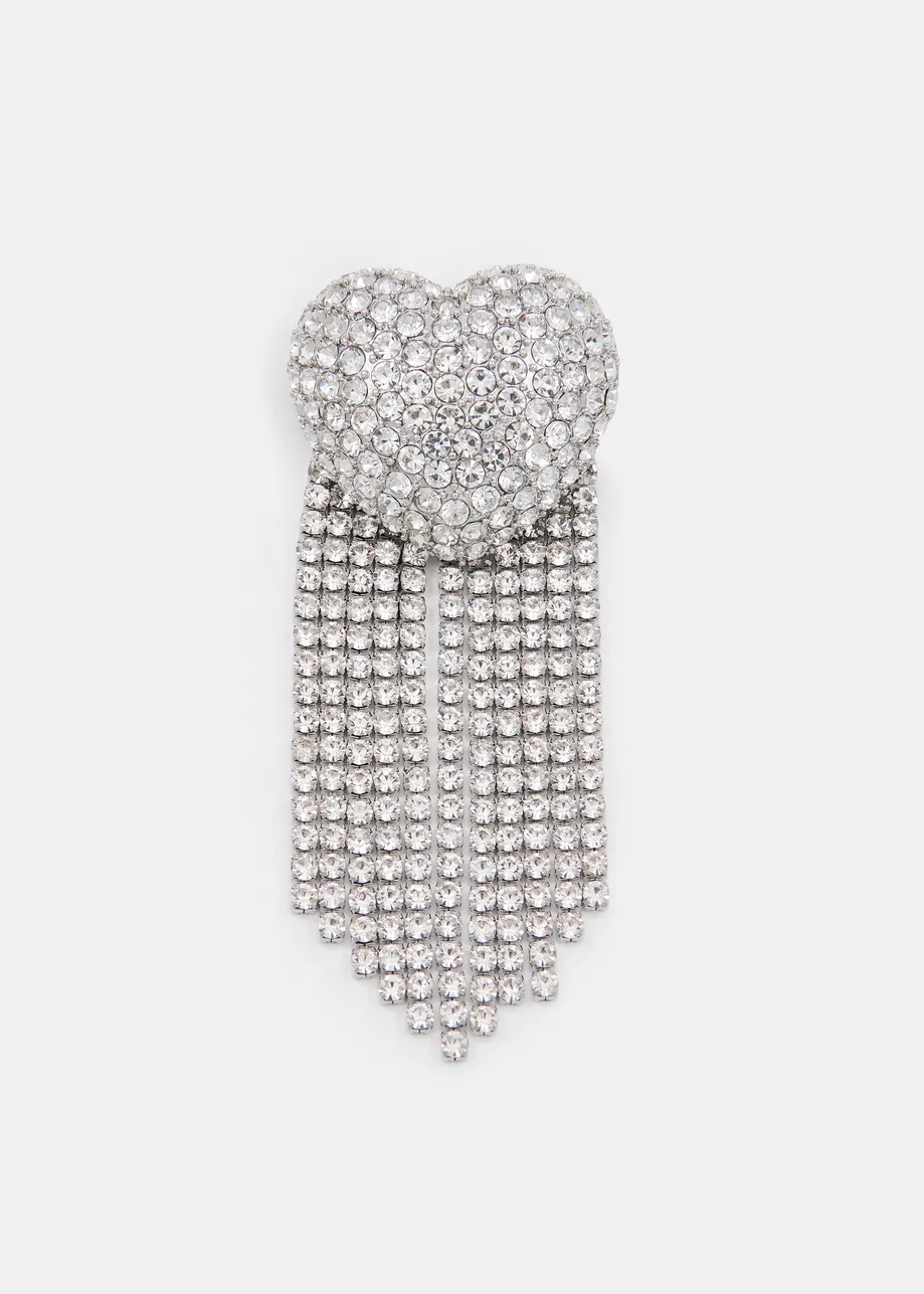 Silver heart-shaped rhinestone brooch with dangling strands