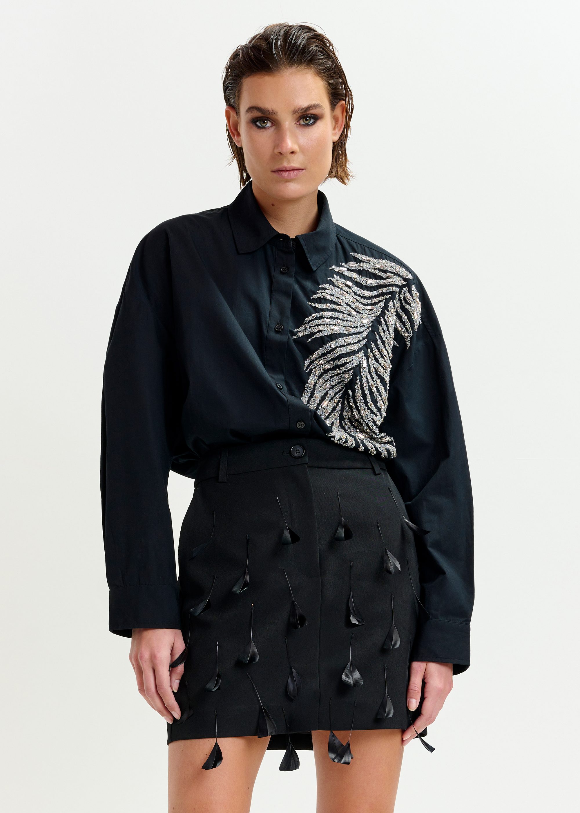 Black and silver oversized cotton shirt with sequin and bead
