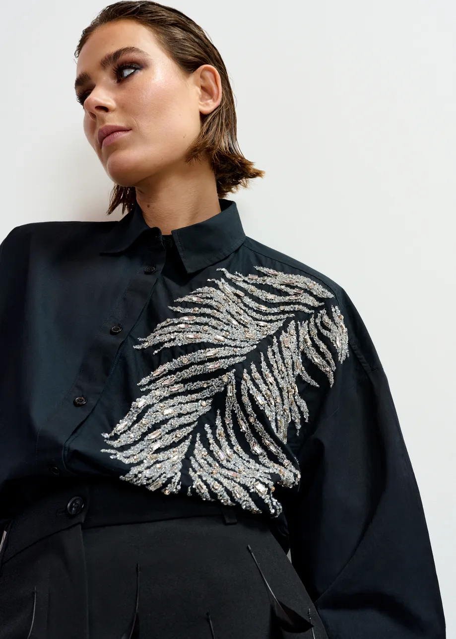 Black and silver oversized cotton shirt with sequin and bead embellishment