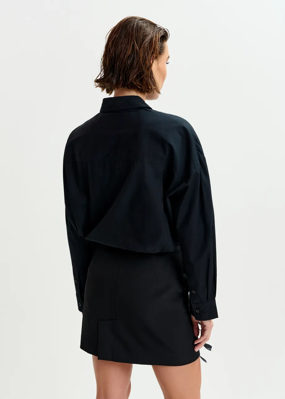Black and silver oversized cotton shirt with sequin and bead embellishment